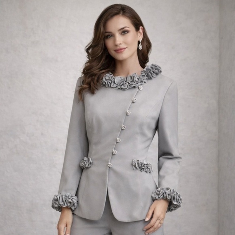 Louise Ricci Silver Gray Ruffle Trim Rhinestone Jacket‎ Women 12 Formal Occasion